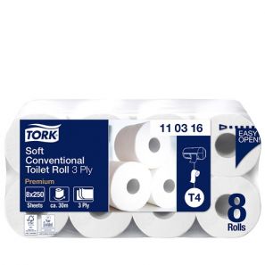 Торк - Тоал. хартия на ролка T4, целулоза, 3 пл. (250 къса/ролка)(8 рол./пакет) Conventional Premium Soft (110316-39) ( DE )